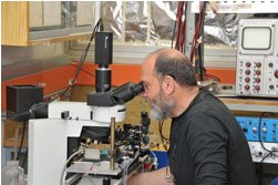 a psycho-biologist looks into a microscope.